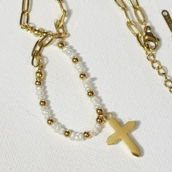 Gold‎ Plated Stainless Steel Chain Freshwater Pearl Beads Cross Pendant Necklace - Picture 14 of 14